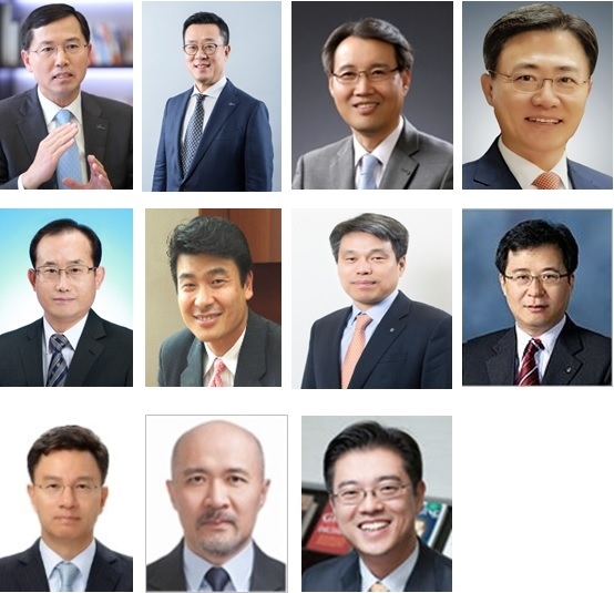 신한금융그룹 계열사 사장단 후보들. 사진 상단 좌측부터 임영진 신한카드 사장, 정문국 오렌지라이프 사장 , 서현주 제주은행장, 김영표 신한저축은행 사장. 둘째줄 좌측부터 배일규 아시아신탁 대표이사, 이성용 신한DS 사장, 김희송 신한대체투자운용 사장, 남궁훈 신한리츠운용 사장. 세째줄 좌측부터 이건혁 지주 미래전략연구소장 , 박태형 신한BNPP자산운용 부사장, 조영서 신한DS 부사장 