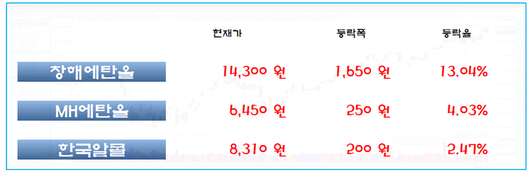 14:00 현재 에탄올 관련주 등락 현황