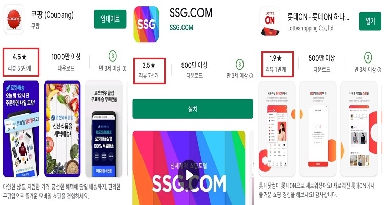 쿠팡, SSG닷컴, 롯데온의 구글 Play스토어 평점. 쿠팡과 SSG닷컴은 각각 4.5점·3.5점을 기록 중이지만 롯데온은 1.9점에 그치고 있다. (이미지=구글 Play스토어 검색 결과)