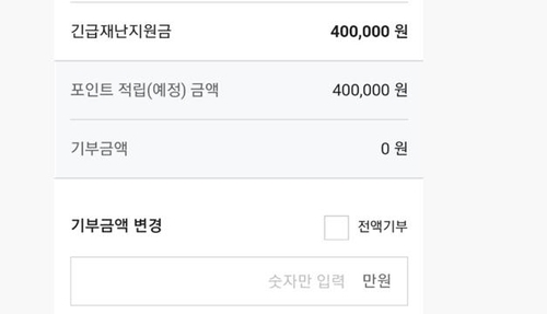 신용카드로 긴급재난지원금 신청시 기부금 입력 화면. (이미지=연합뉴스)