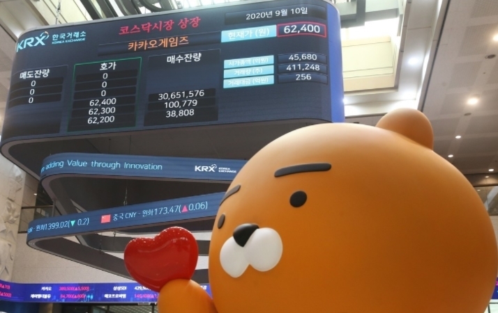 지난해 9월 10일 서울 여의도에 있는 한국거래소 신관 로비 전광판에 카카오게임즈 관련 화면이 나오는 모습